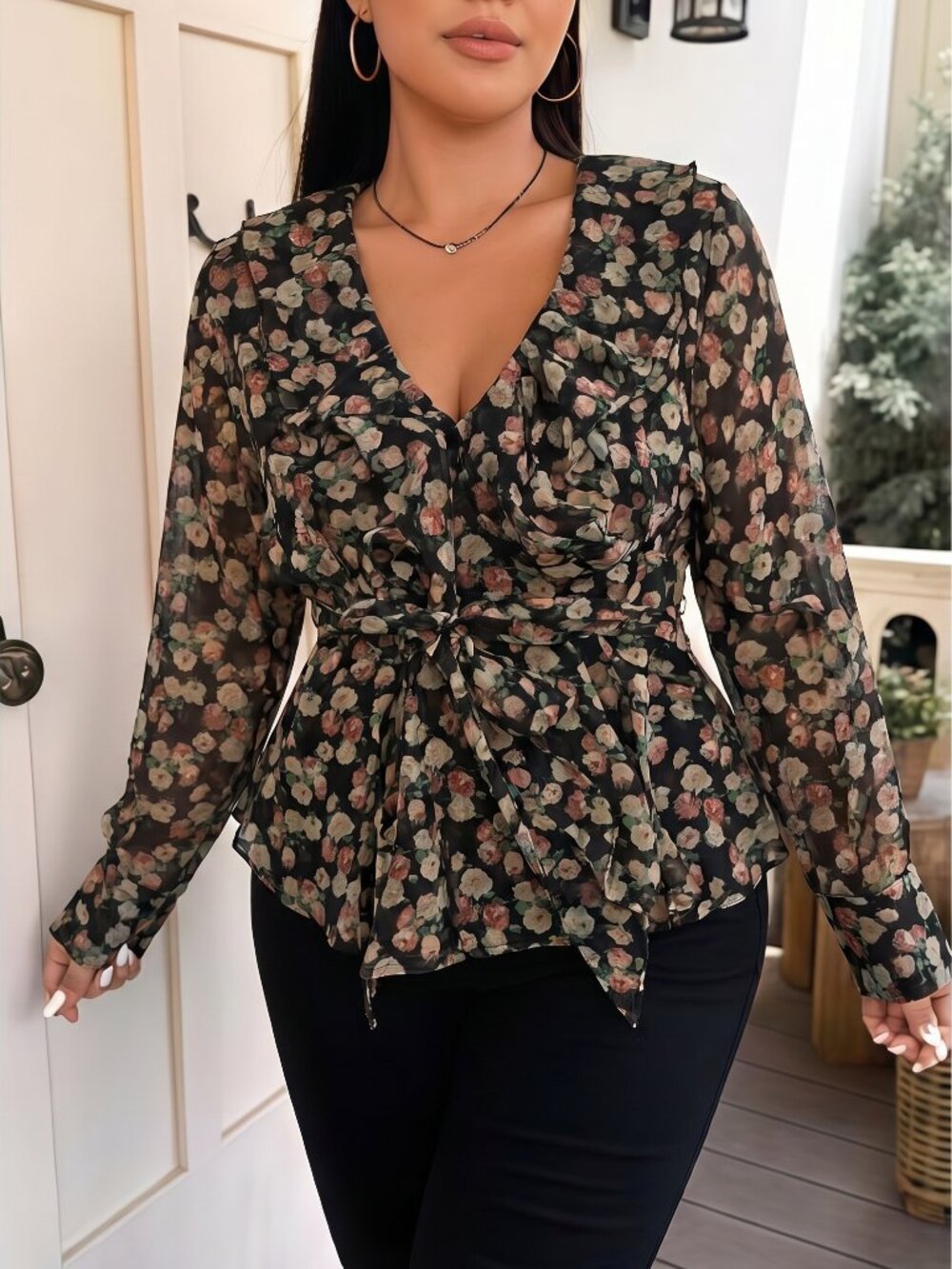 Ralph Lauren Sheer Floral Long-Sleeve Wrap Blouse